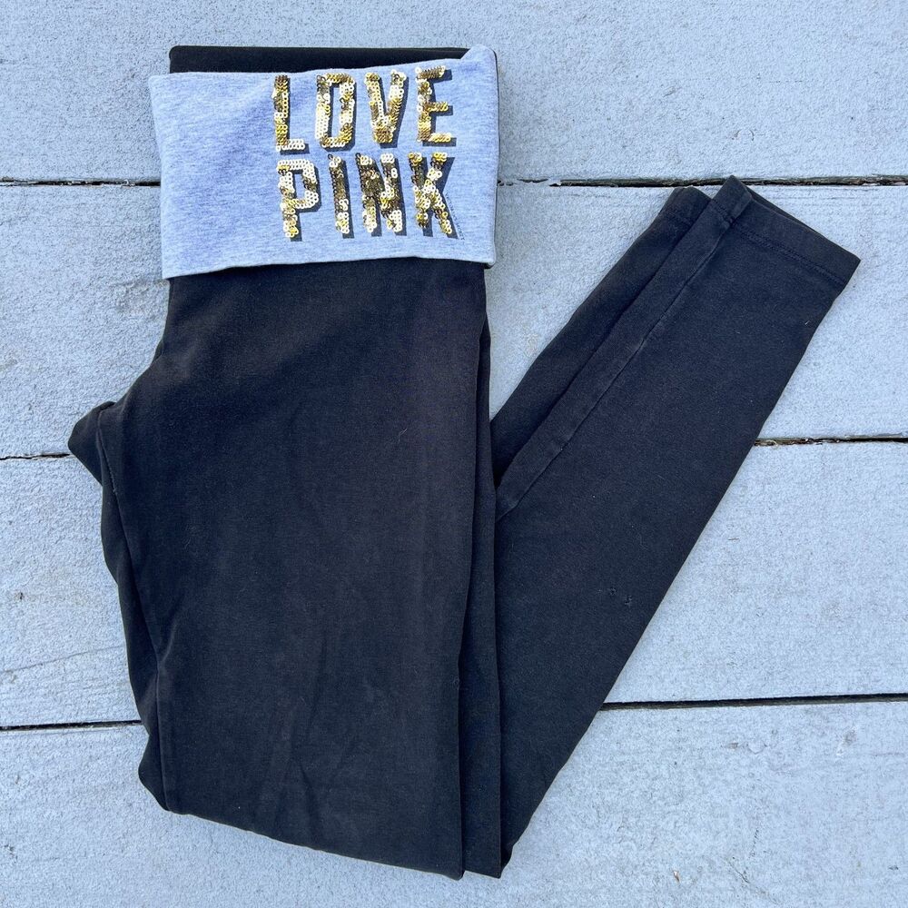 PINK Vintage Victoria's Secret Sequin Yoga Leggings Black-Size XS